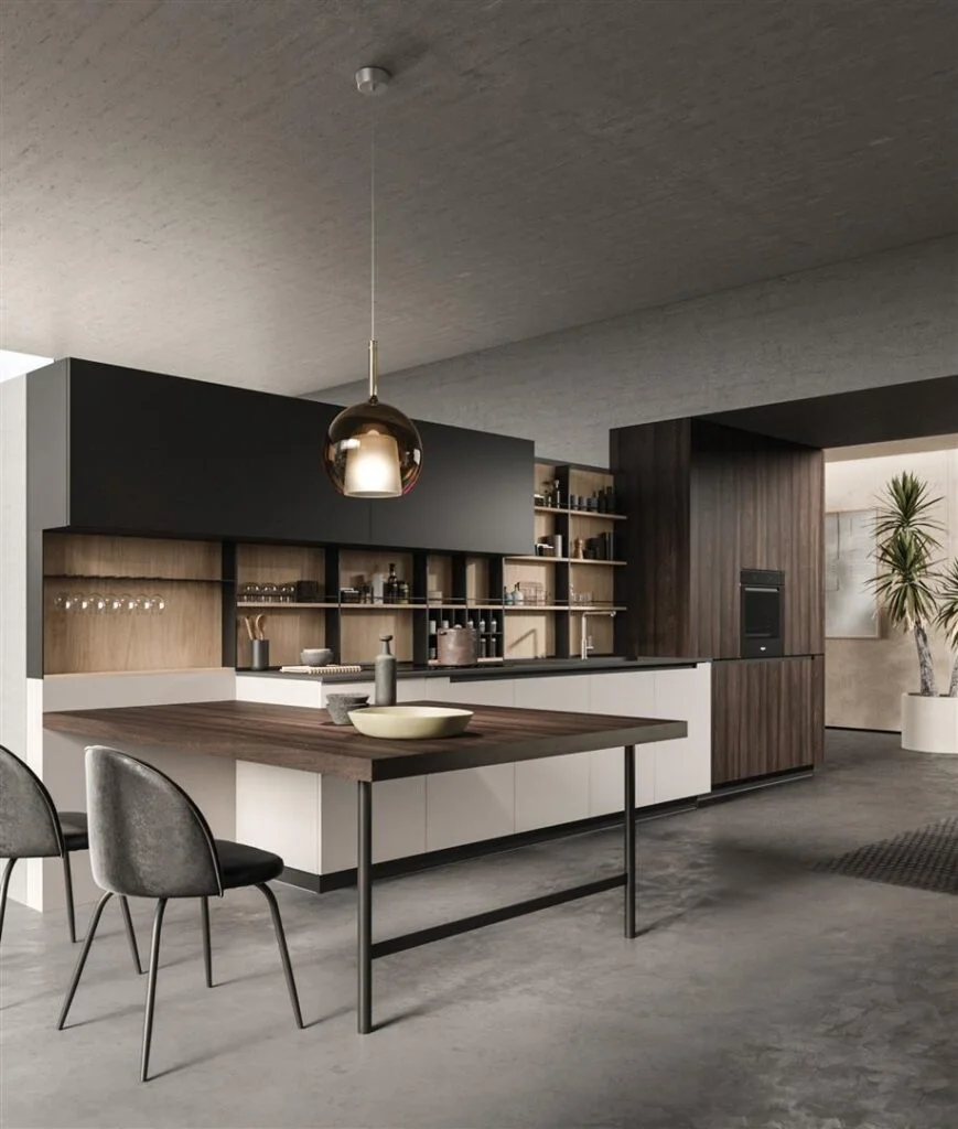 A modern ARAN CUCINE kitchen with a wooden table and chairs.