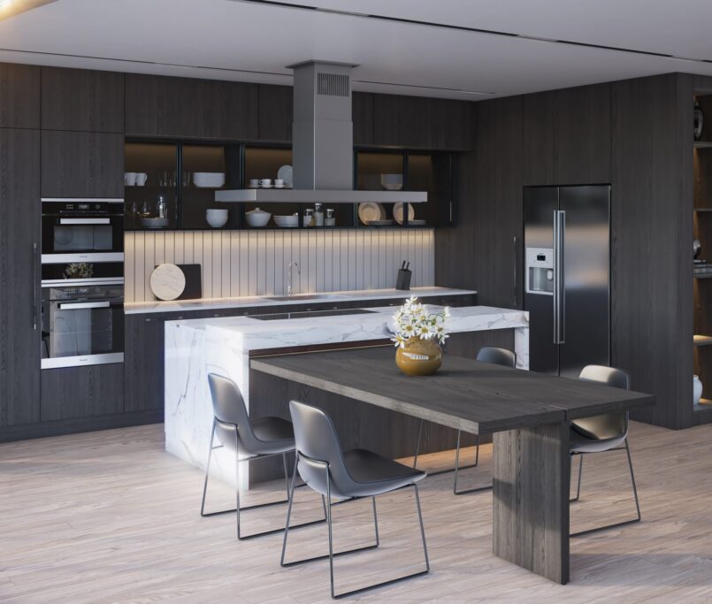 A futuristic 3D rendering of a modern kitchen.