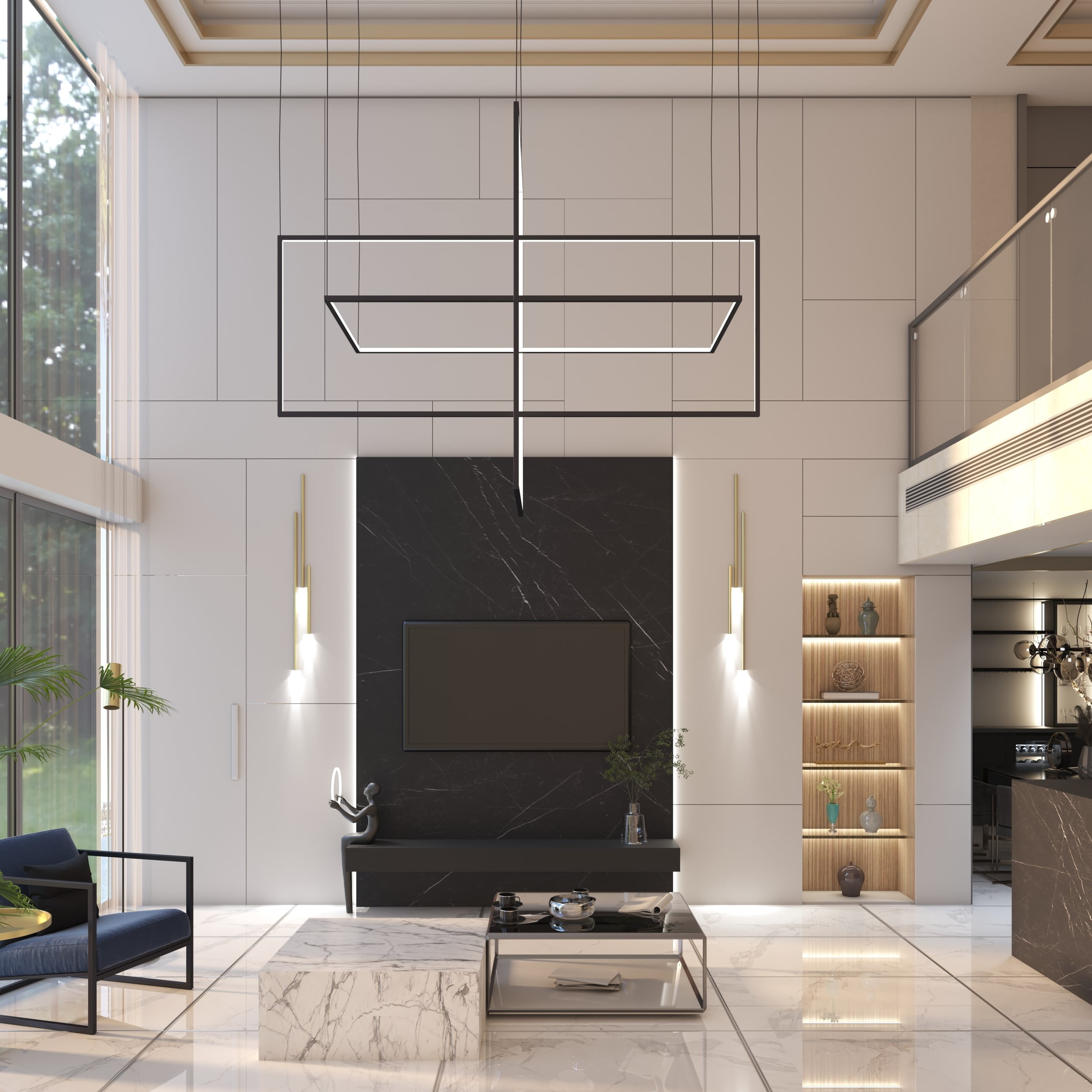 A modern living room with sleek black and white furniture.