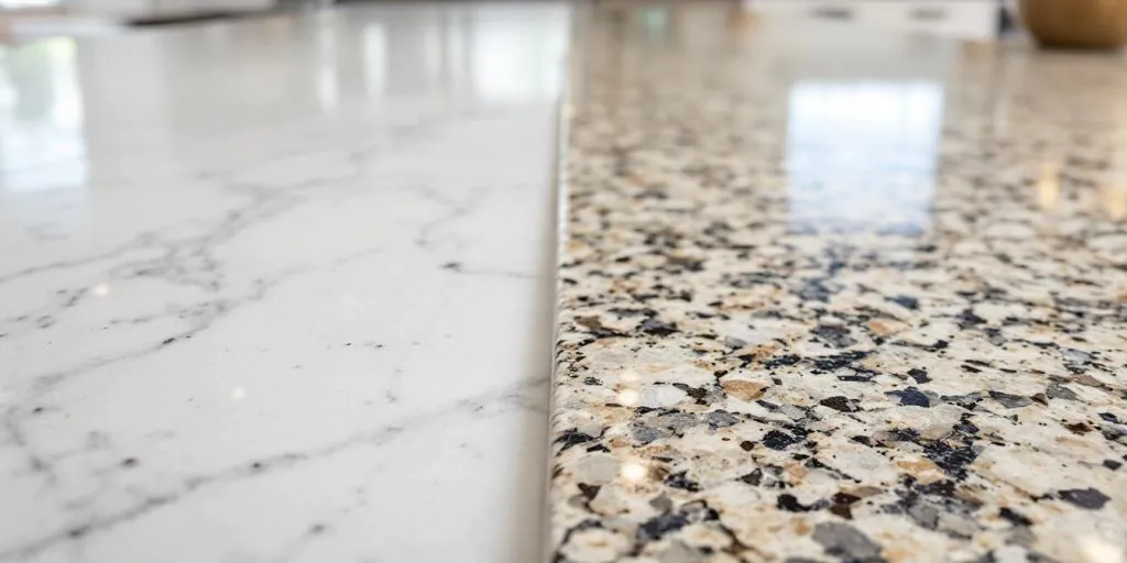 Close-up of quartz and granite kitchen countertops.