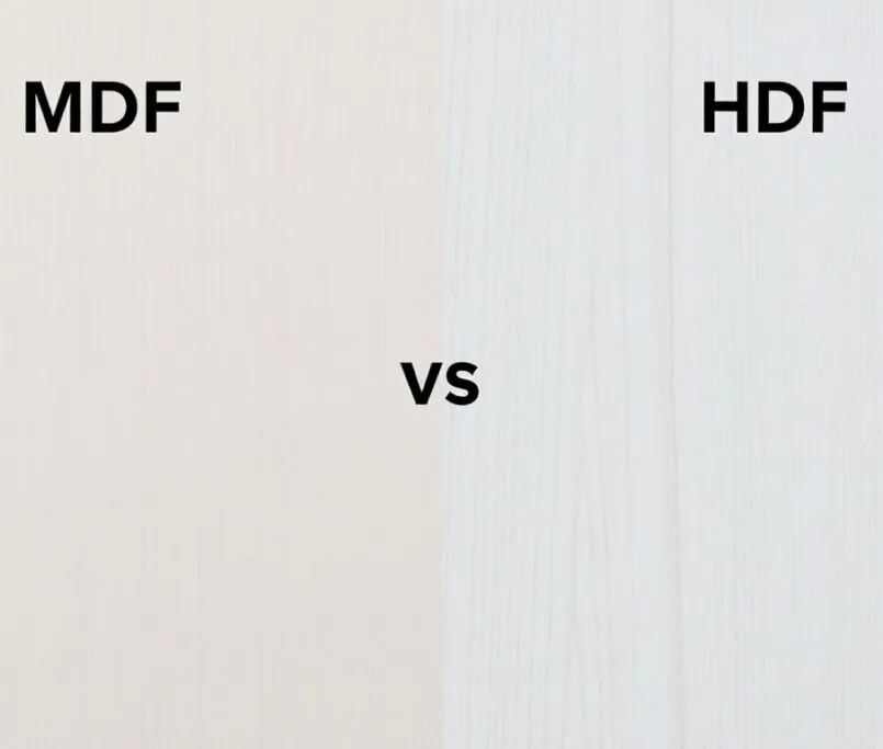 Comparison of MDF and HDF materials on a background.