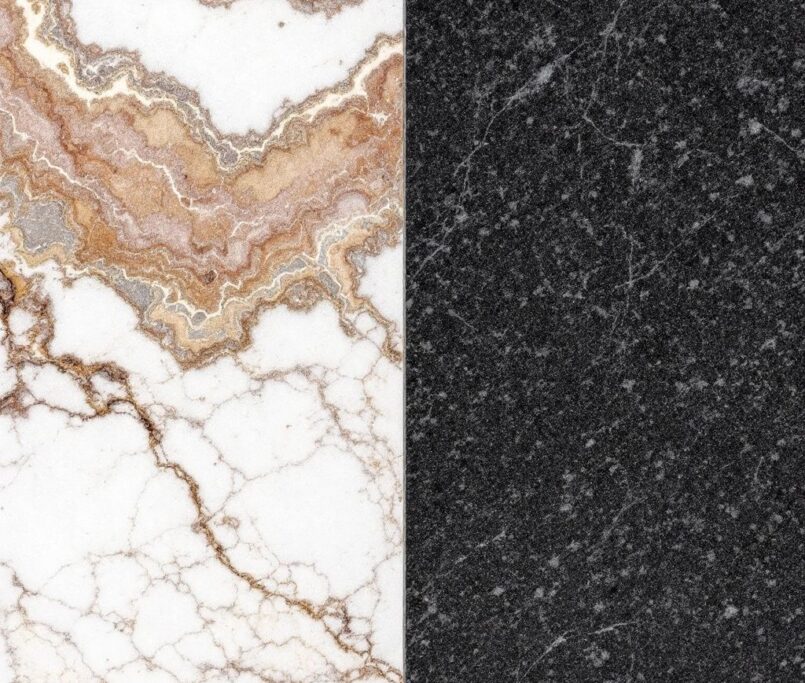 Marble and quartz countertops with elegant textures.