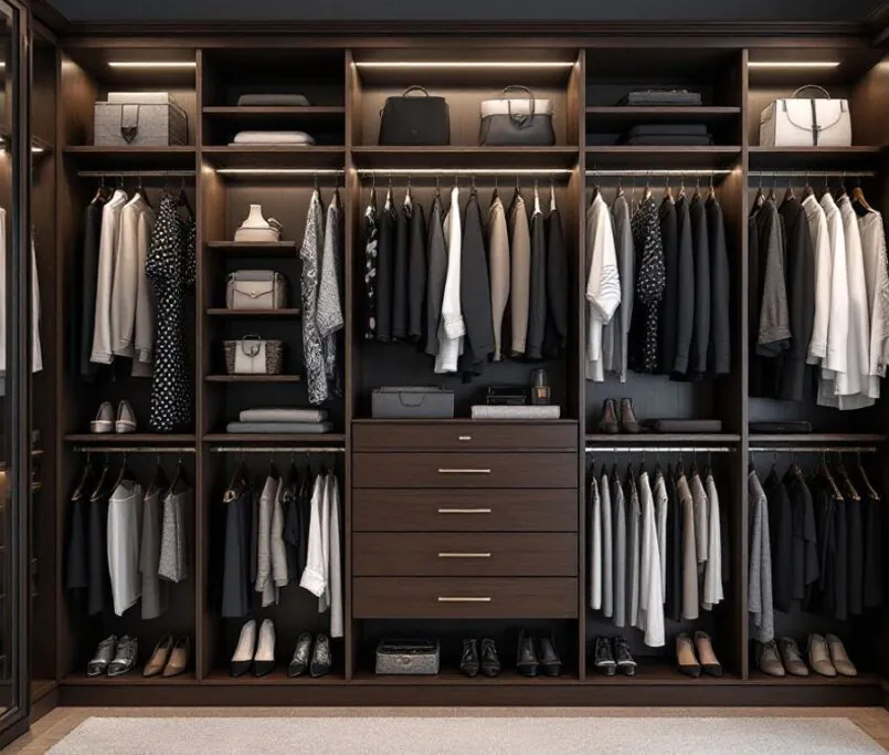 Spacious walk-in closet with organized clothes and accessories.