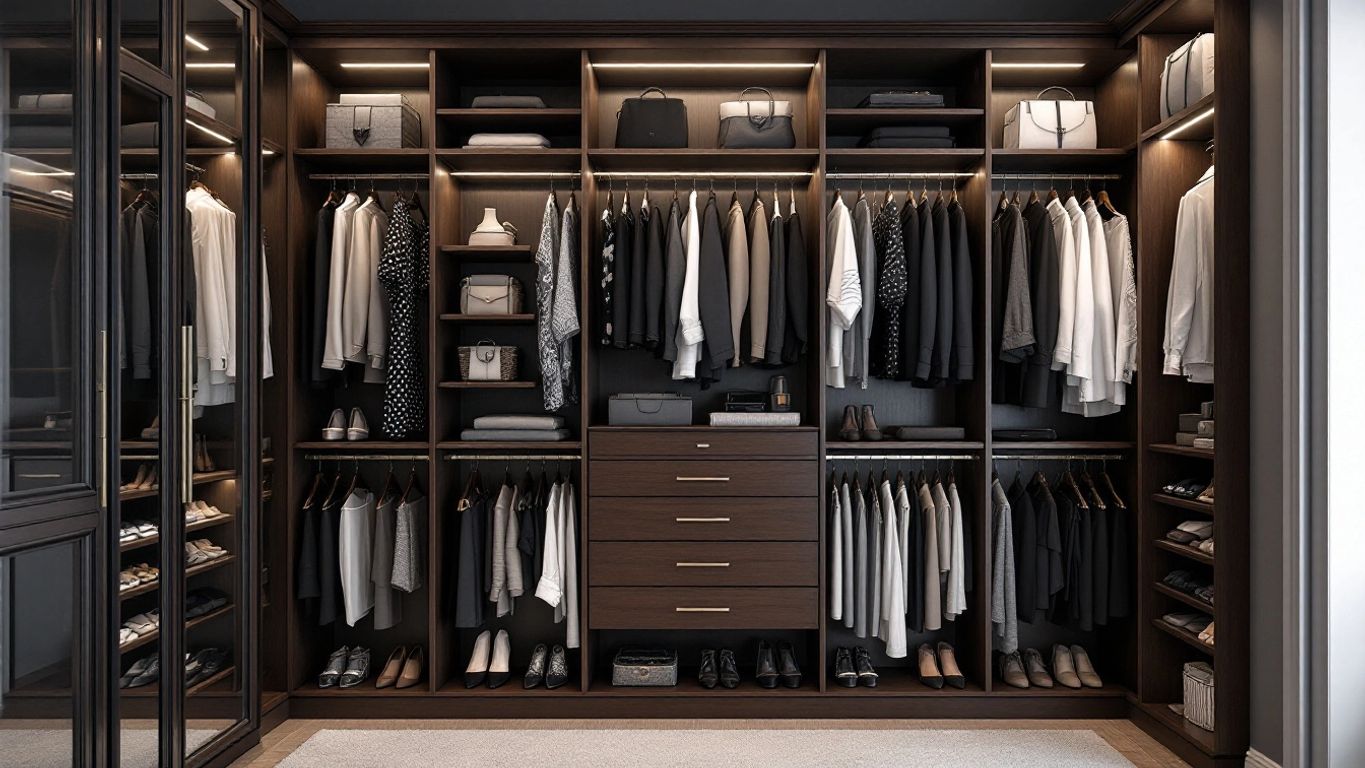 Spacious walk-in closet with organized clothes and accessories.