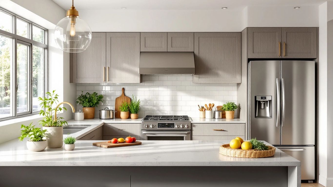 Modern kitchen with sleek cabinets and bright lighting.