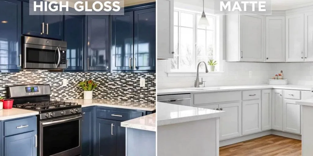 High gloss and matte kitchen cabinet finishes comparison.