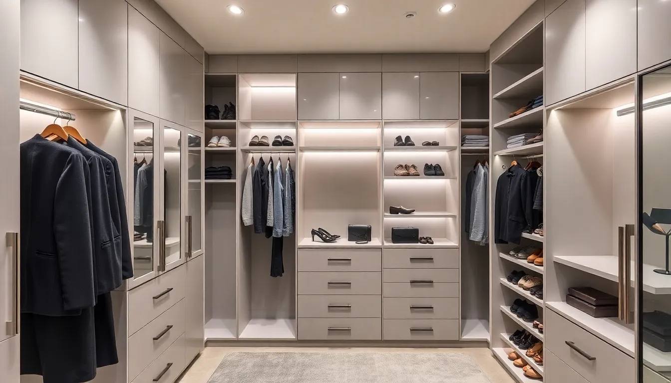 Modern custom closet design with sleek cabinetry and lighting.