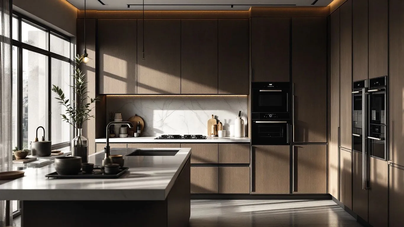 Luxury contemporary kitchen with sleek design and textures.