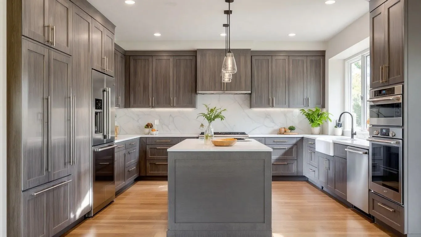 Modern kitchen with elegant finishes and natural lighting.
