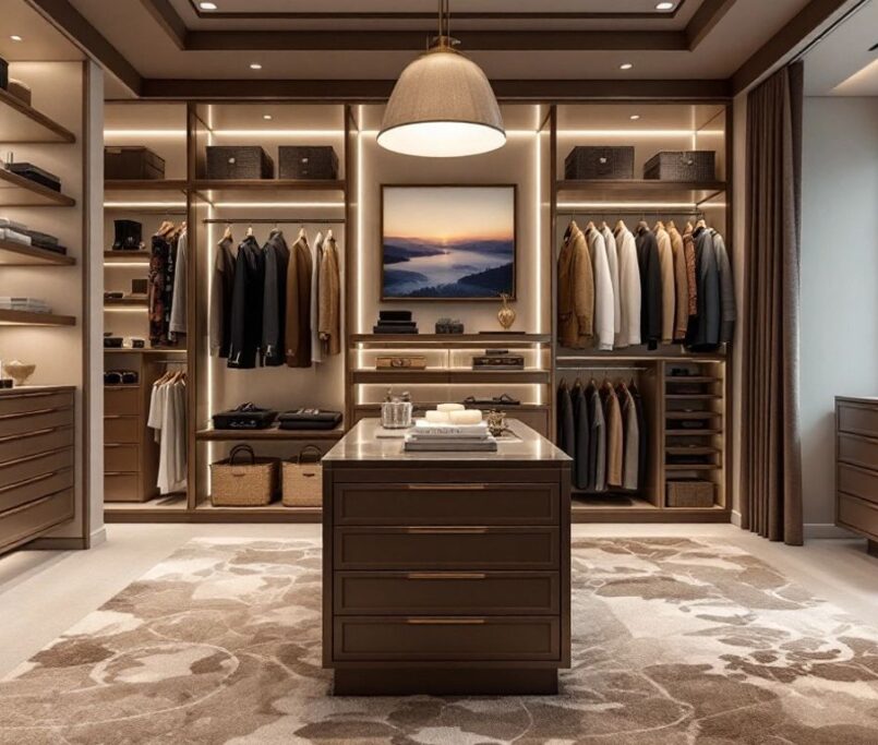 Luxury walk-in closet with elegant shelving and lighting.