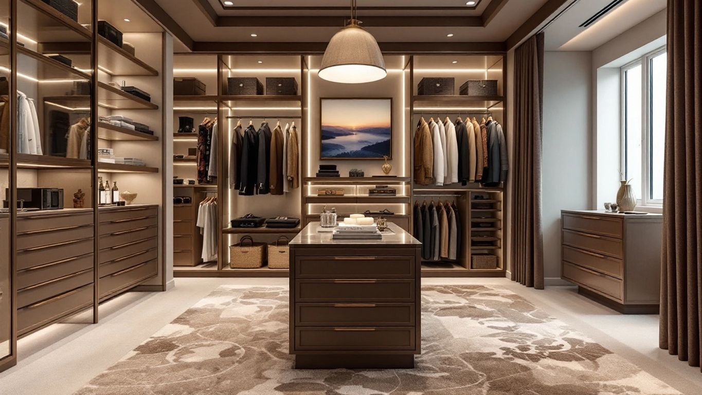 Luxury walk-in closet with elegant shelving and lighting.