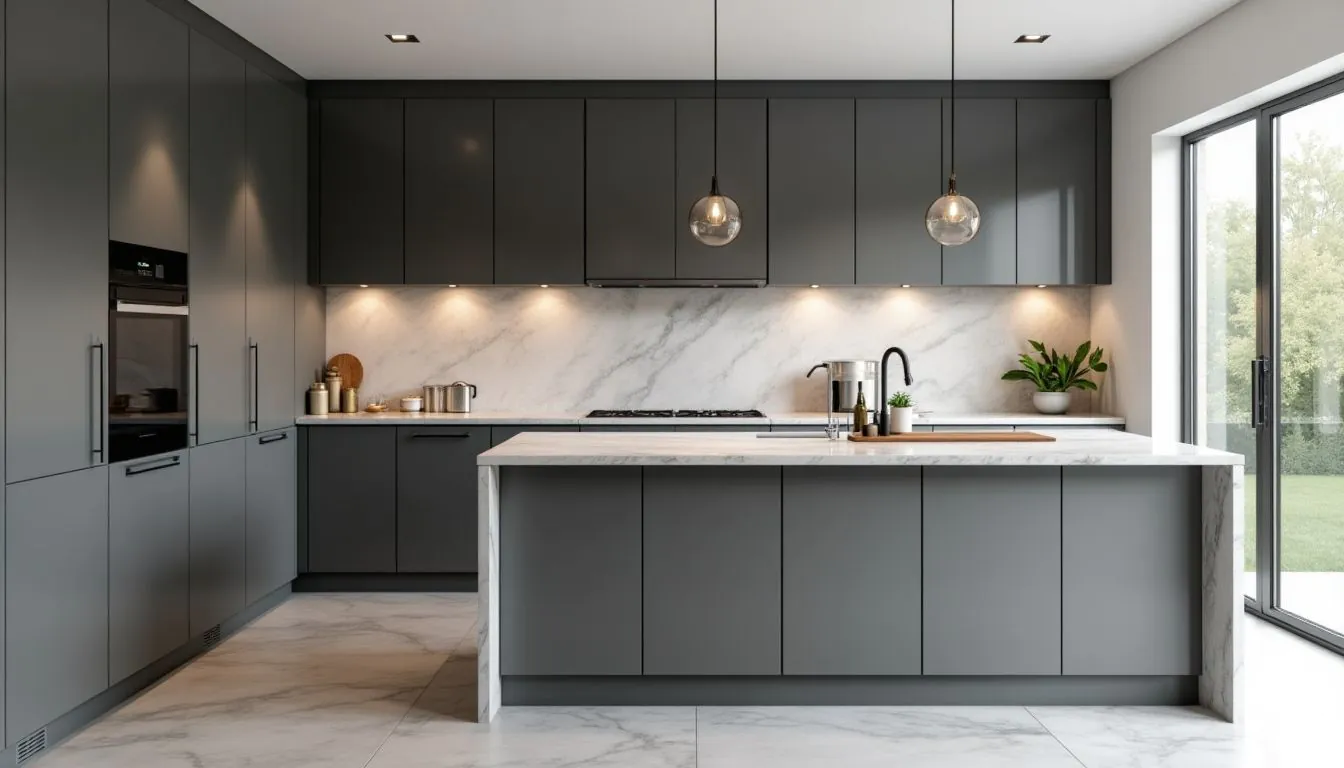 Elegant grey modern kitchen design with stylish features.