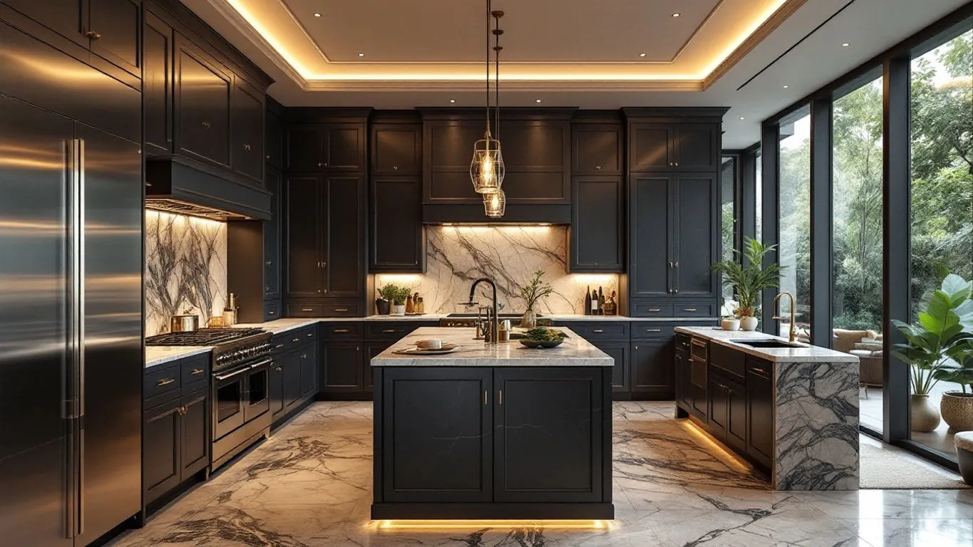 Luxurious kitchen with marble countertops and elegant cabinetry.