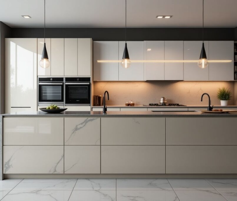 Modern kitchen with lacquer and high-gloss cabinets.