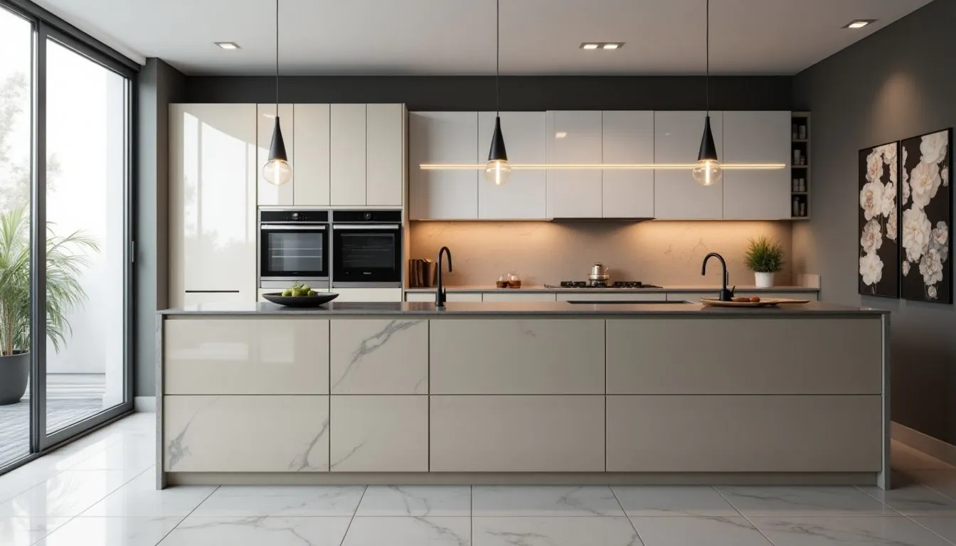 Modern kitchen with lacquer and high-gloss cabinets.