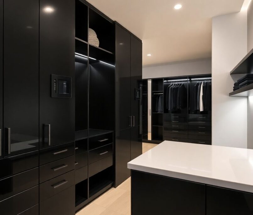 Black modern closet design in a Miami home.