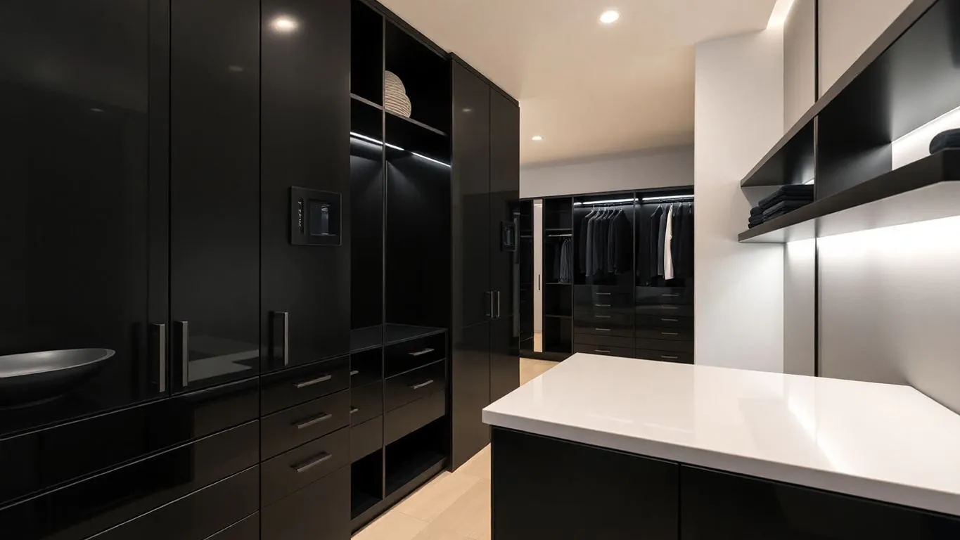 Black modern closet design in a Miami home.