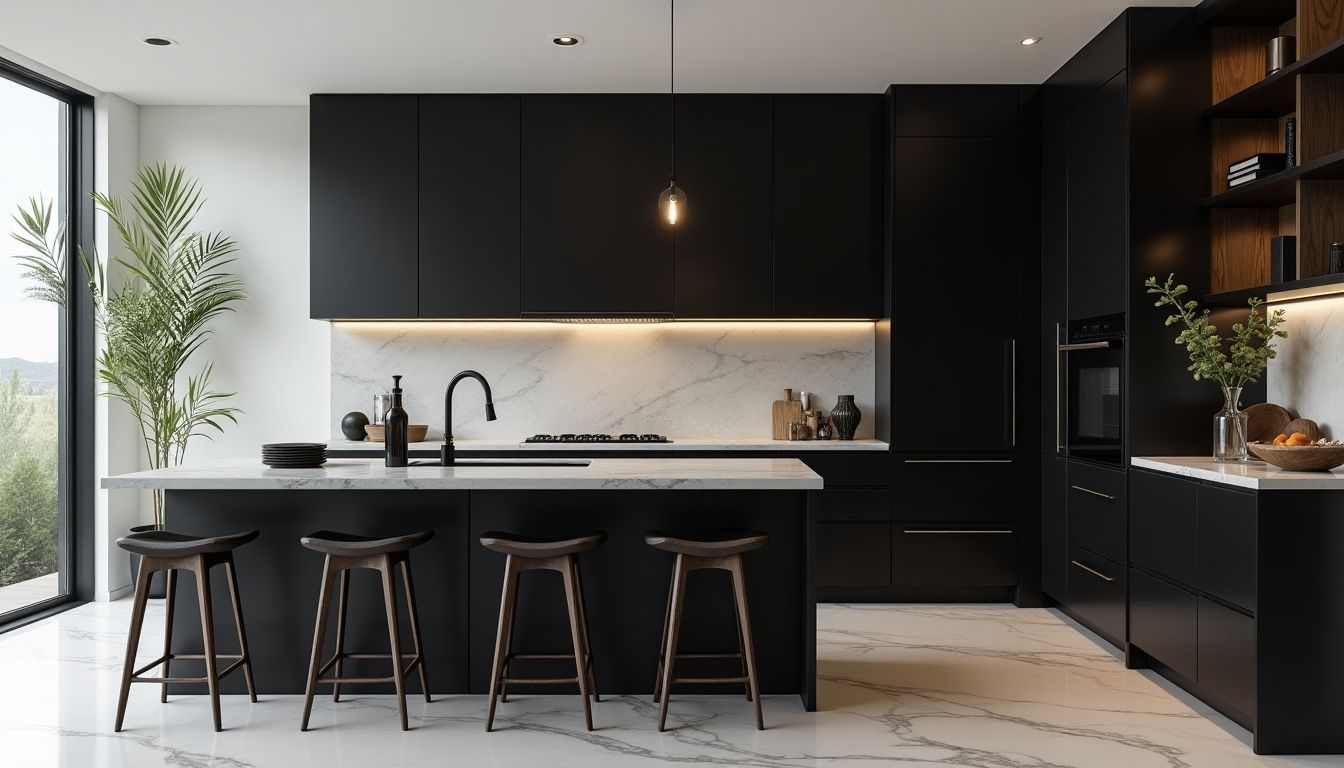 Modern black kitchen with custom cabinetry and elegant design.