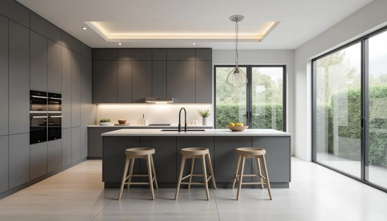 Modern grey kitchen design with open layout and island.