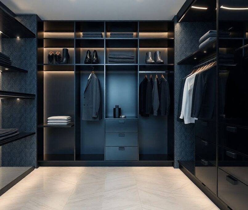 Black modern closet design with sleek organization and texture.