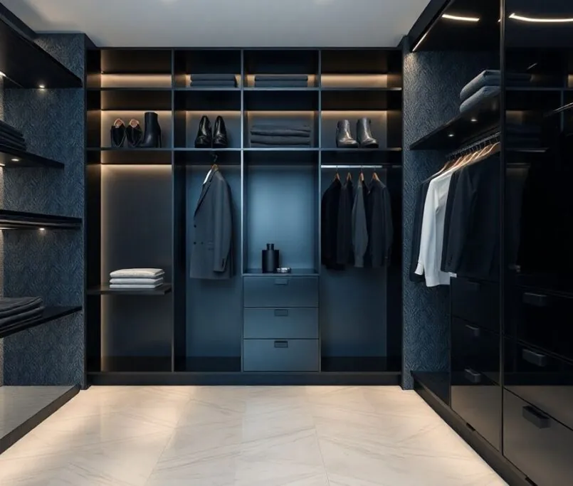 Black modern closet design with sleek organization and texture.