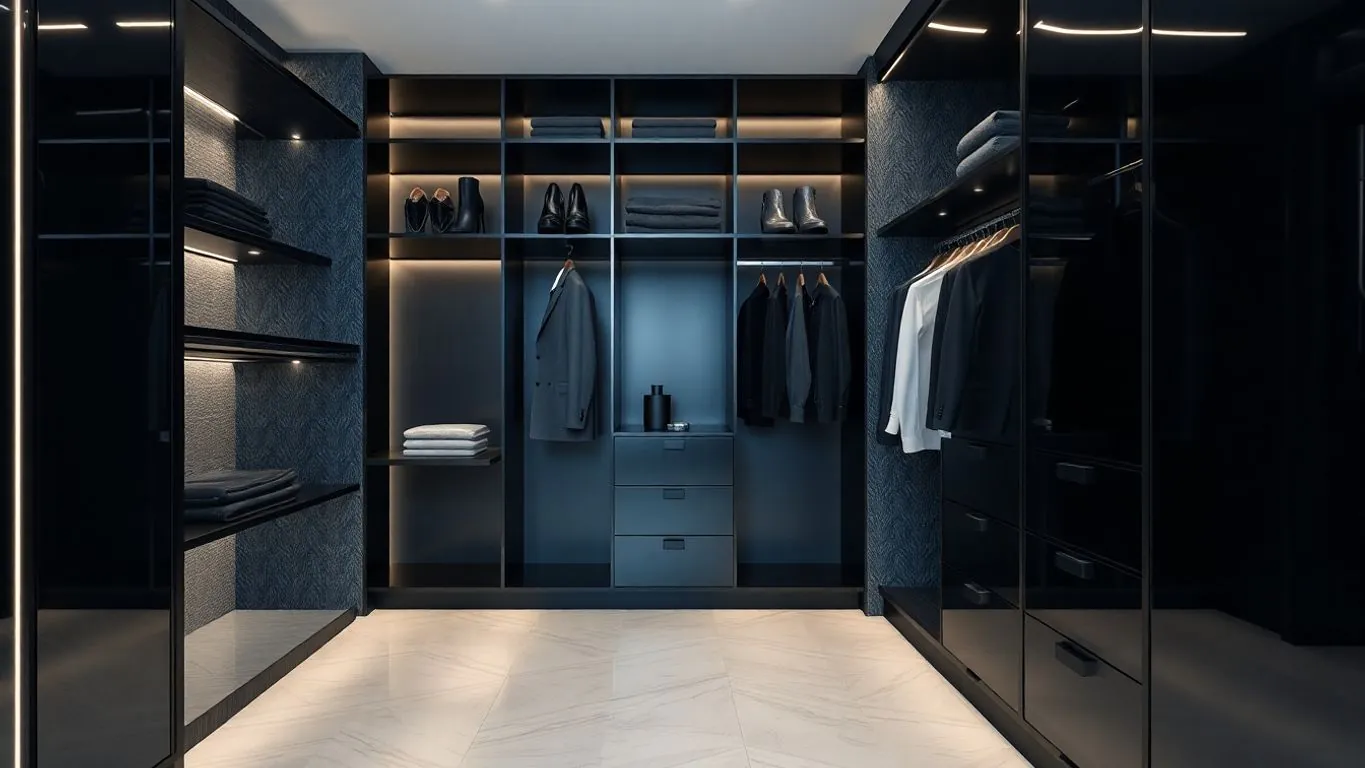 Black modern closet design with sleek organization and texture.