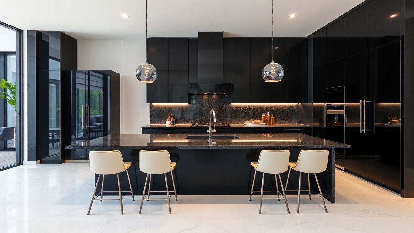 Stylish black modern kitchen with sleek design elements.