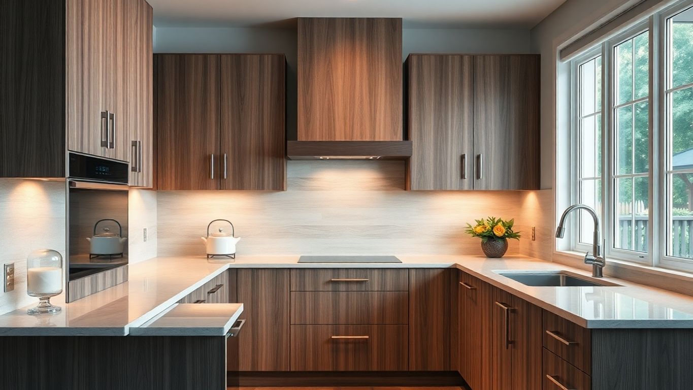 A well-lit kitchen showcasing elegant cabinetry textures.