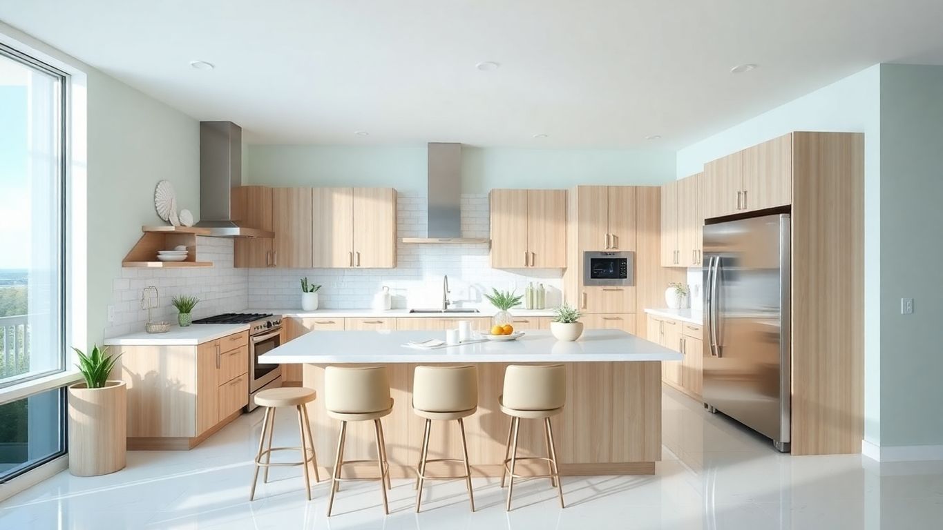 Modern Miami kitchen with coastal decor and natural light.