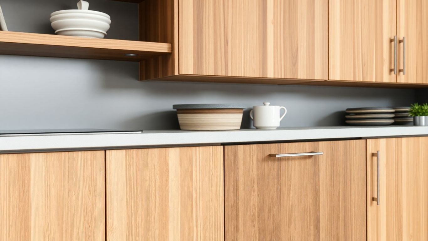 Modern kitchen cabinets made from alternative materials in close-up.