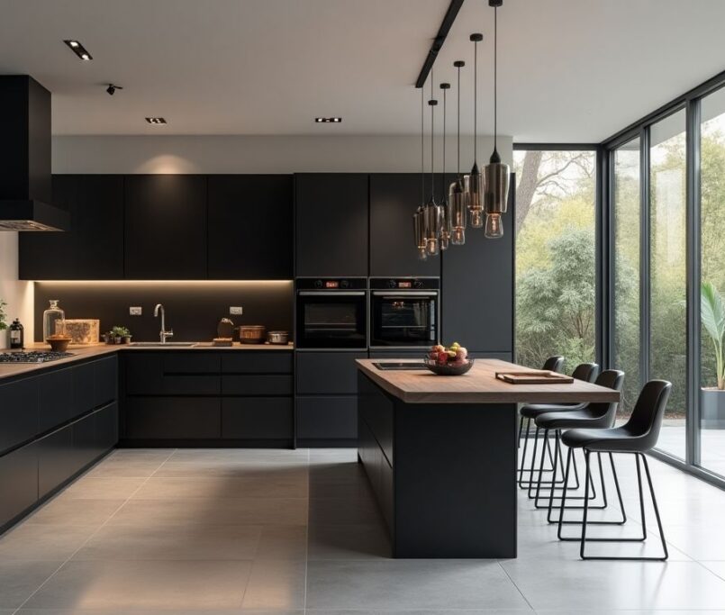 Modern open concept black kitchen design with spacious layout.