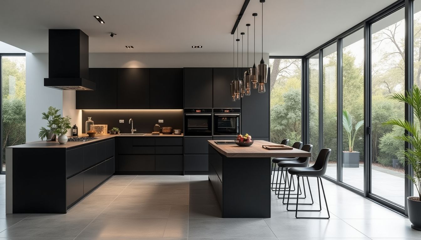 Modern open concept black kitchen design with spacious layout.