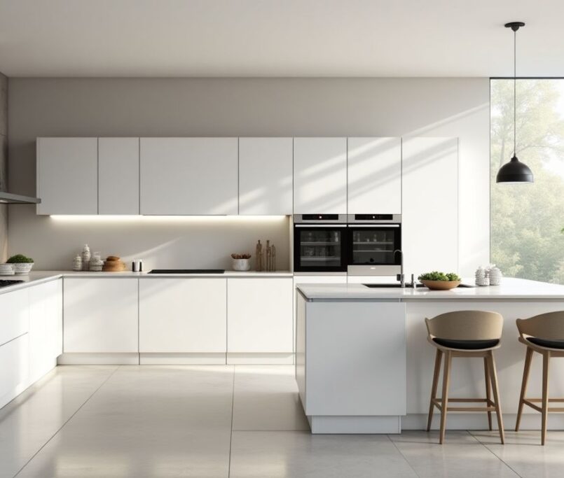 Modern white open concept kitchen design.