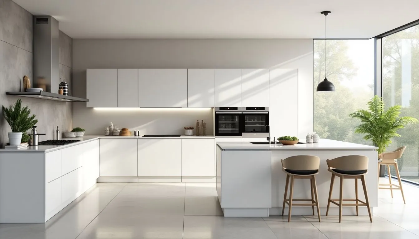 Modern white open concept kitchen design.