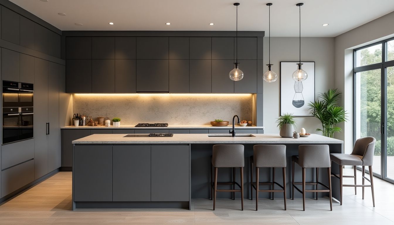 Luxurious grey custom kitchen with modern design and finishes.