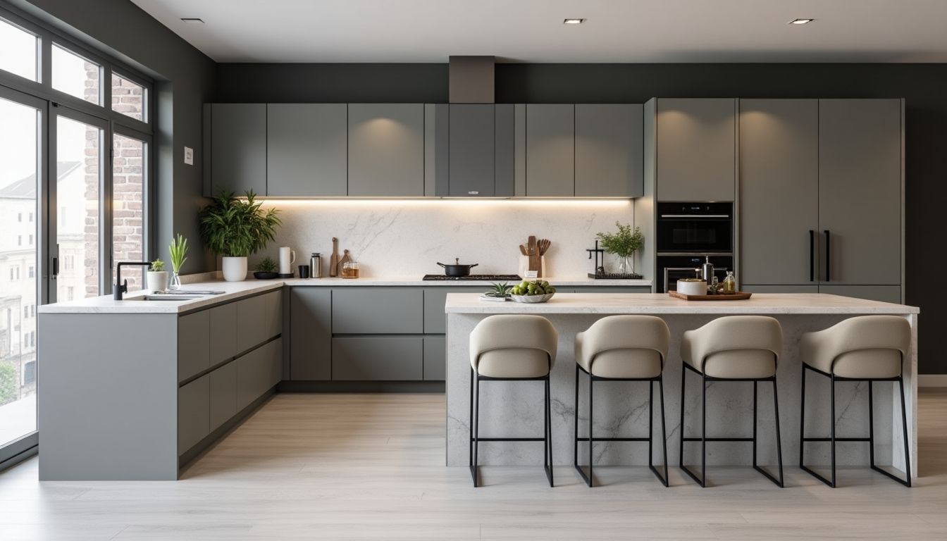 Modern grey kitchen with sleek cabinetry and elegant design.