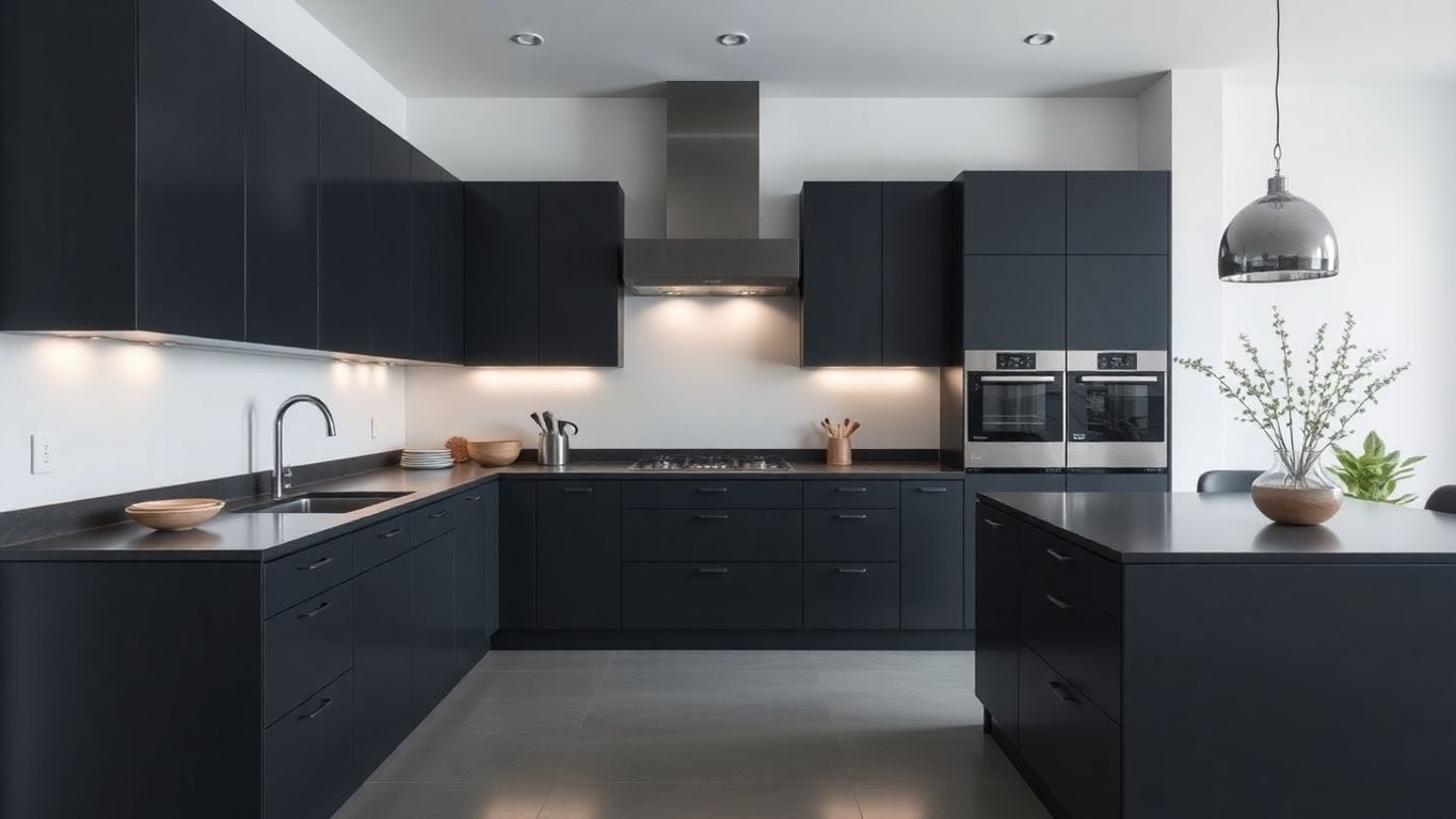 Black modern kitchen with sleek design and textures.