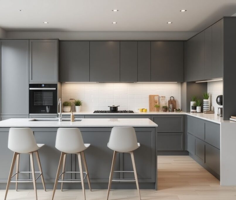 Modern grey kitchen design with elegant features and layout.