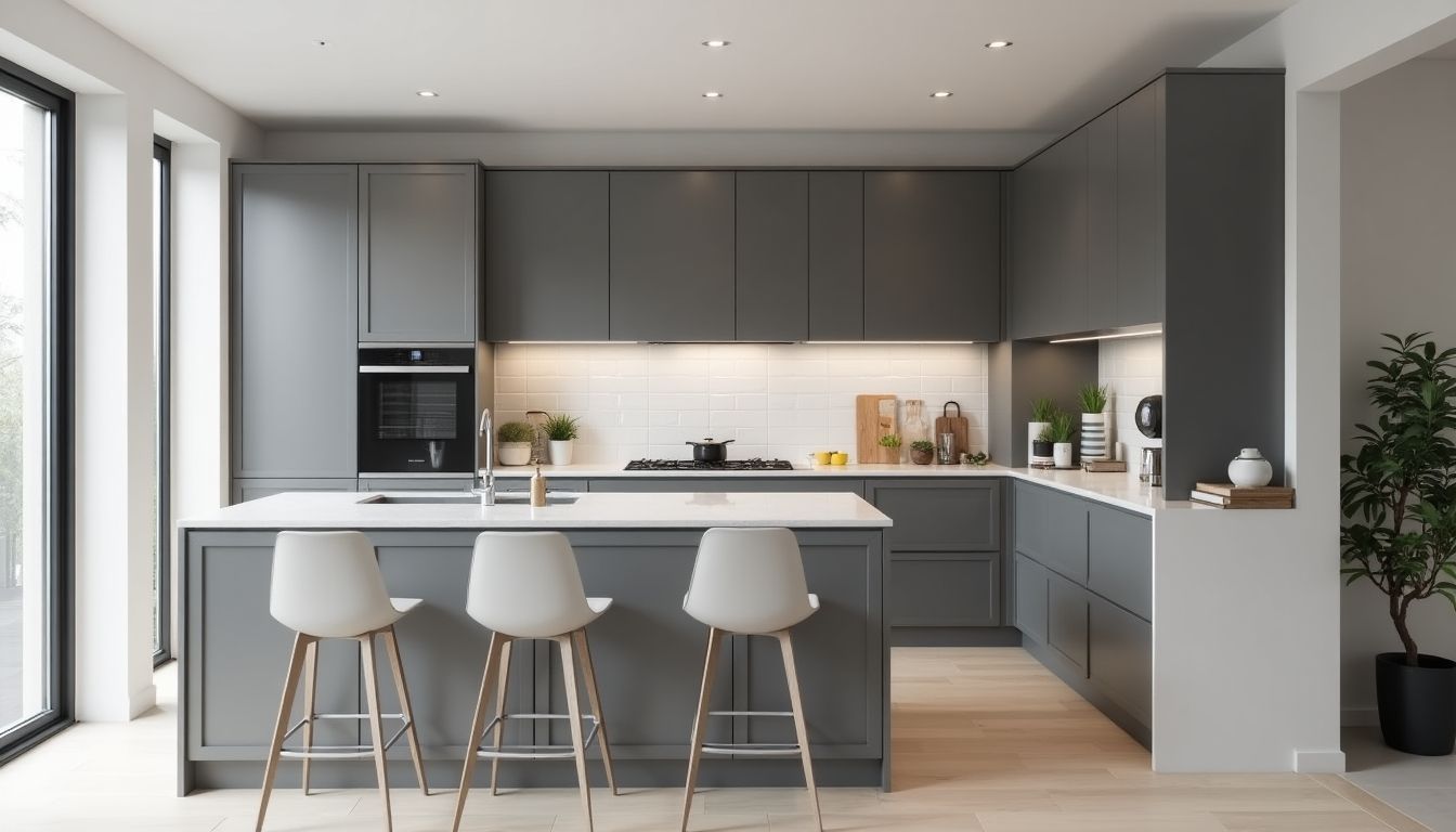 Modern grey kitchen design with elegant features and layout.