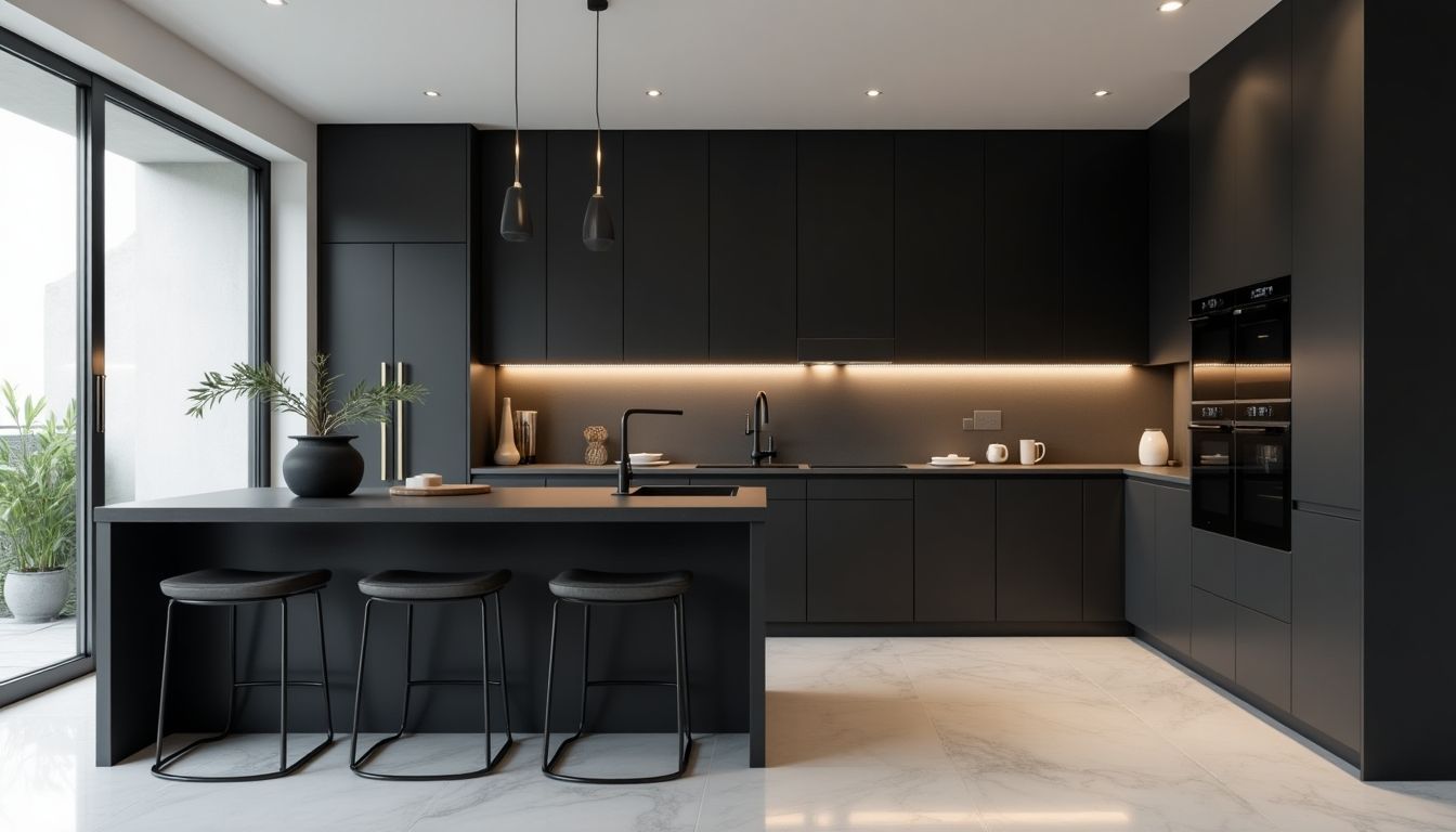 Modern black kitchen design with custom cabinetry.