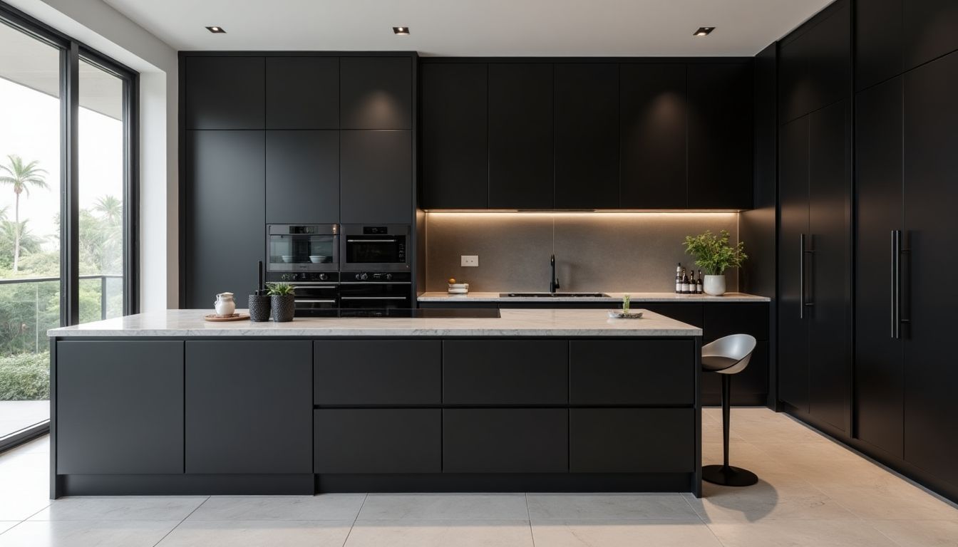 Stylish black modern kitchen with large windows and minimalism.