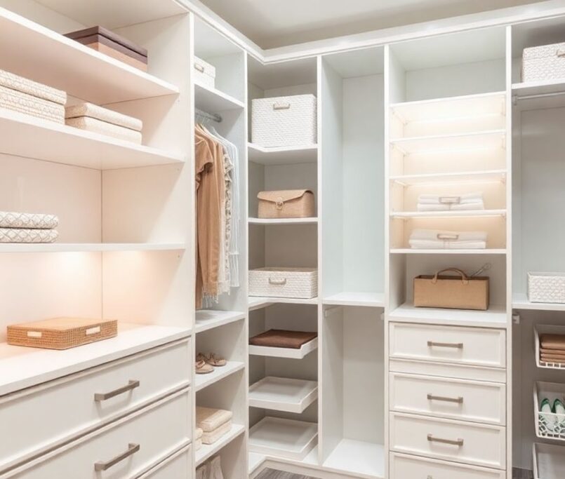 Modern custom closet design with elegant storage solutions.