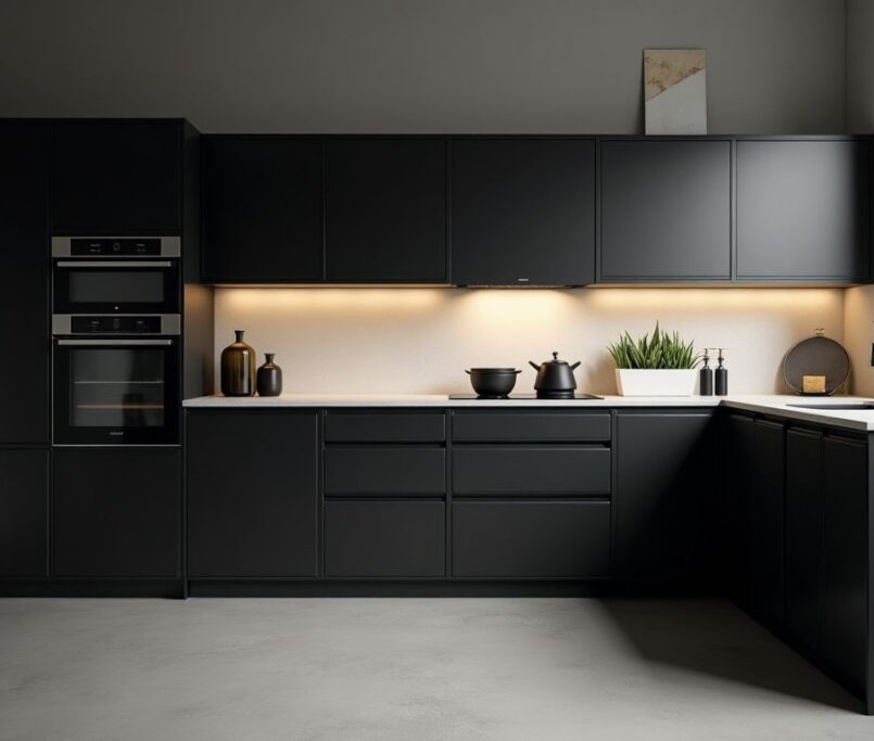 Stylish black modern kitchen with elegant design and appliances.