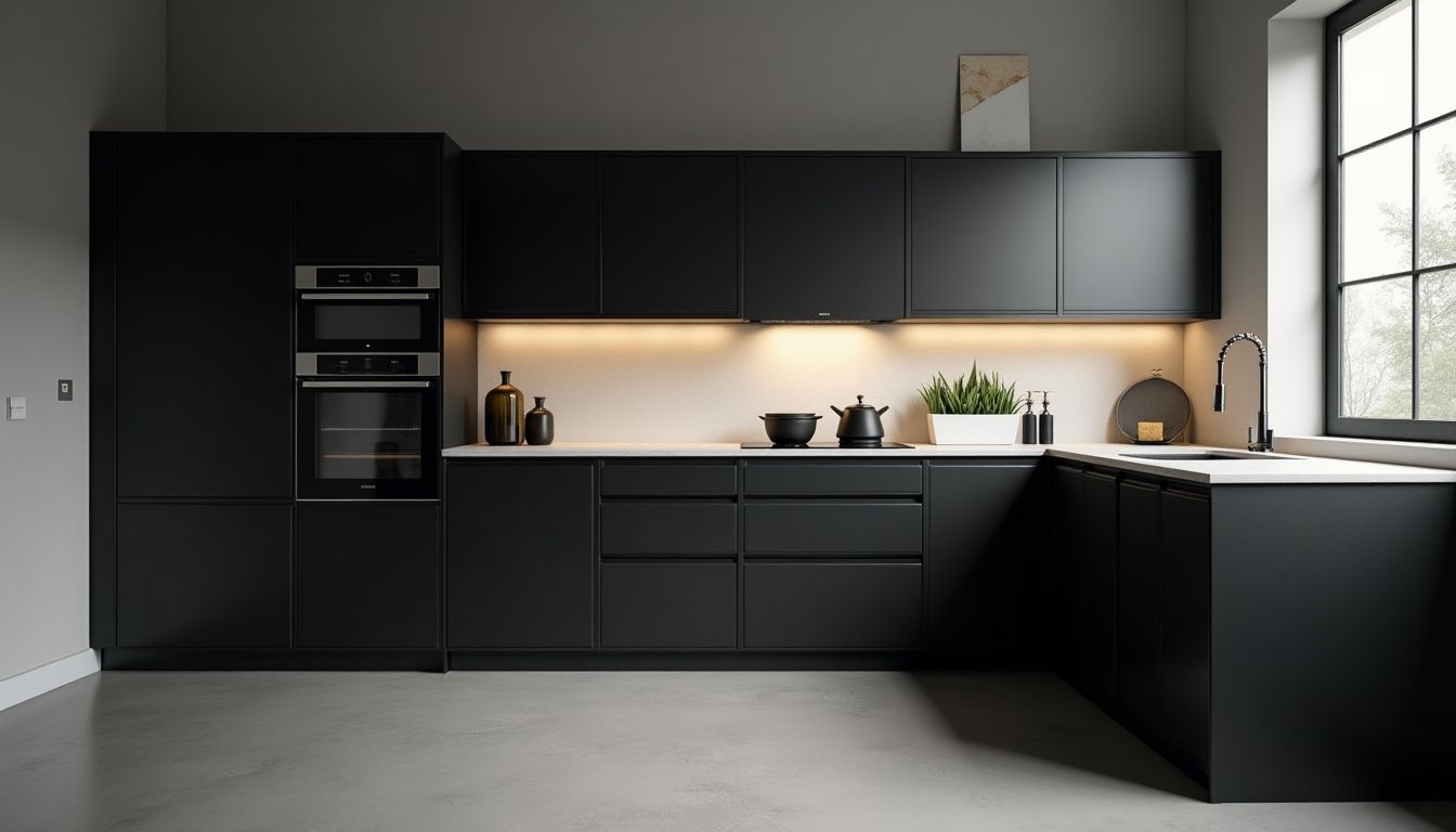 Stylish black modern kitchen with elegant design and appliances.