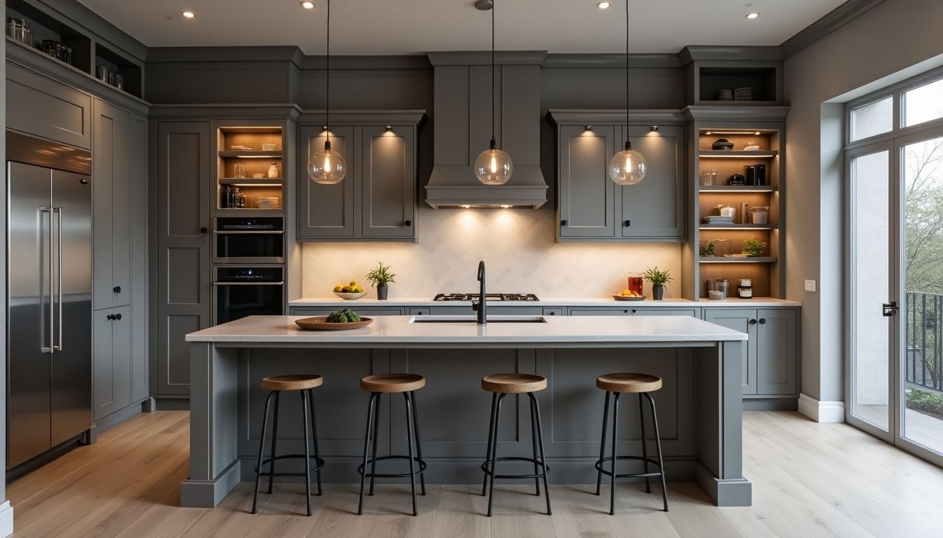 Luxury grey custom kitchen with elegant cabinetry and appliances.