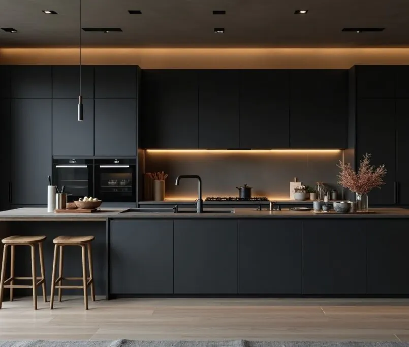 Modern black kitchen with custom cabinetry and island.