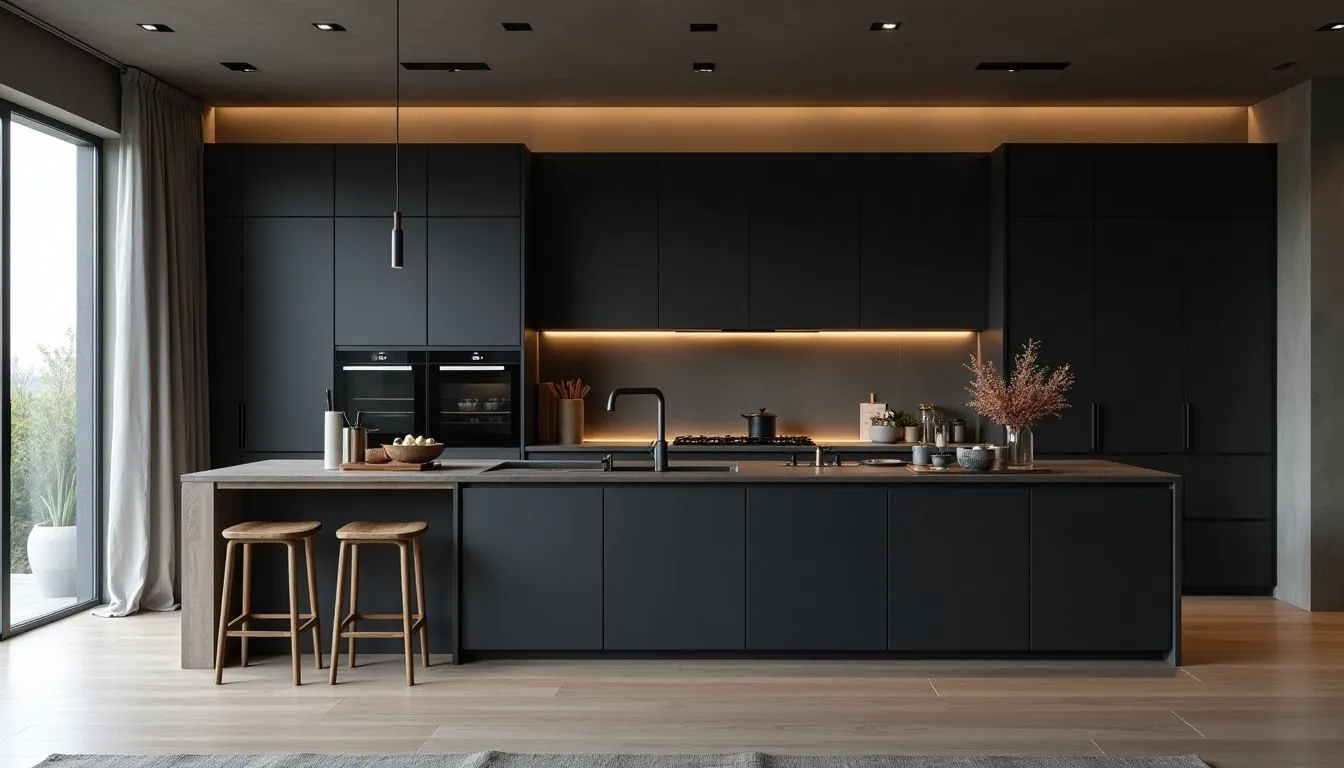 Modern black kitchen with custom cabinetry and island.