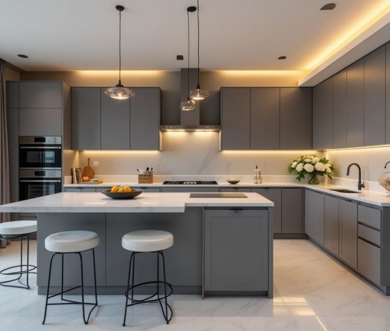 Grey luxury modern kitchen with elegant design and features.