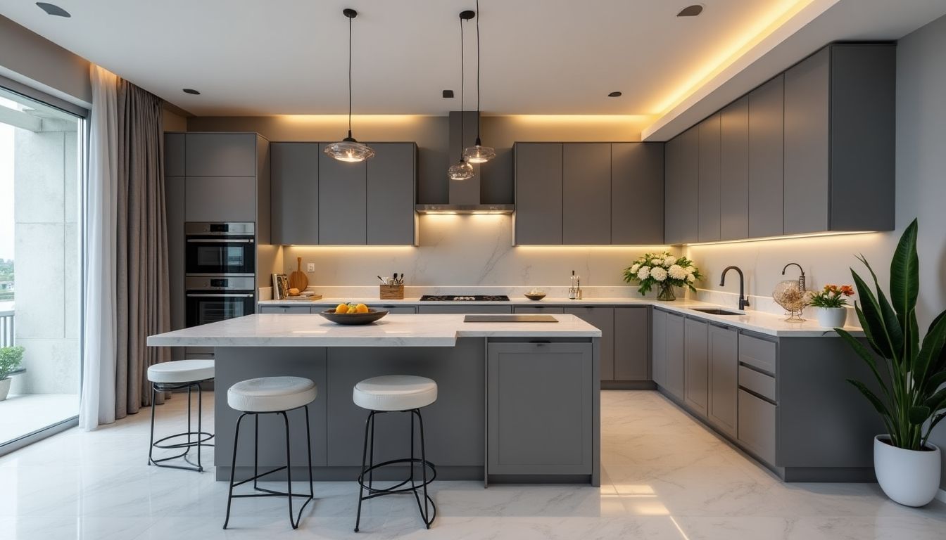 Grey luxury modern kitchen with elegant design and features.