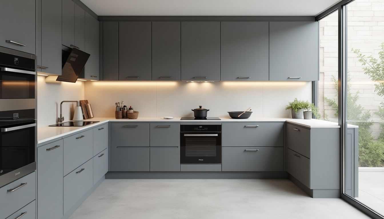 Modern grey kitchen cabinetry with sleek design elements.